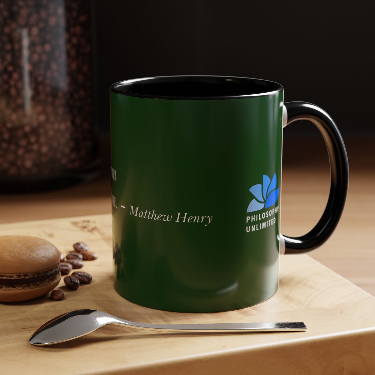 The Storm Is Over Tasse à café Accent™ 11 oz (0,33 L) / 15 oz (0,44 L) (thème vert) : citations de Matthew Henry